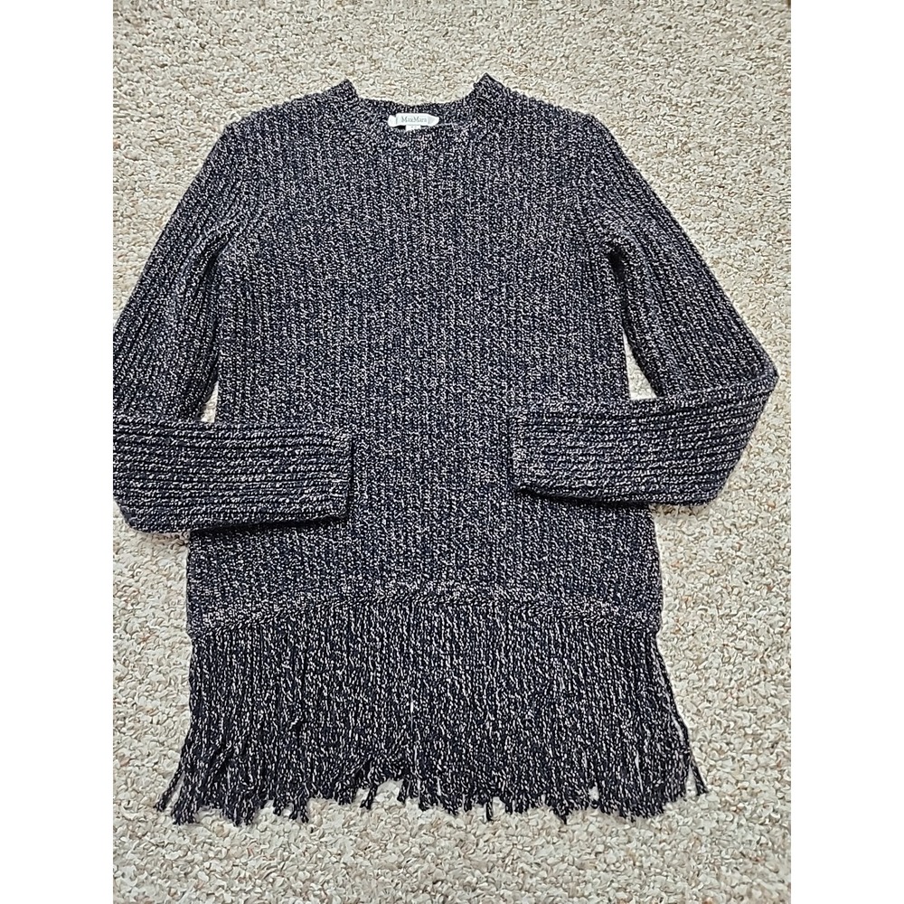 Max Mara Navy Beige Speckled Virgin Wool Cashmere Ribbed Fringe Sweater